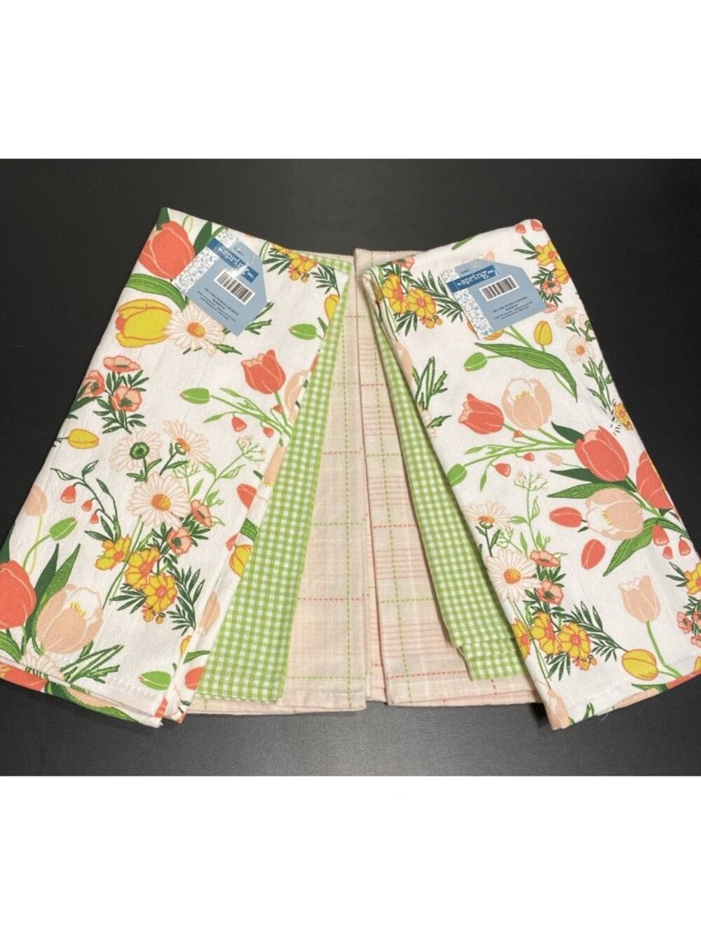 LOT of 6 Kitchen Hand Tea Towels Floral & Gingham Checkerboard Tulips Daisy Set